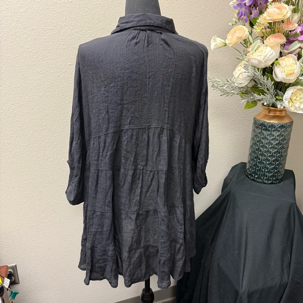Umgee Black Button Front Tunic Top Small Boho Flowy Long Sleeve Casual Shirt - Picture 3 of 7
